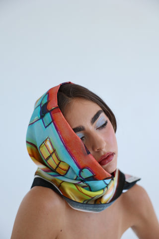 SESSA Eloise Silk Scarf styled as an artful head scarf